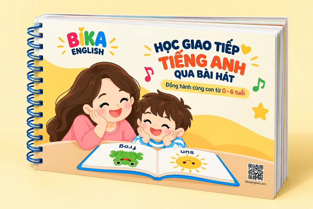 Hình minh họa mẫu học liệu BIKA ENGLISH khổ ngang, gáy lò xo bên trái